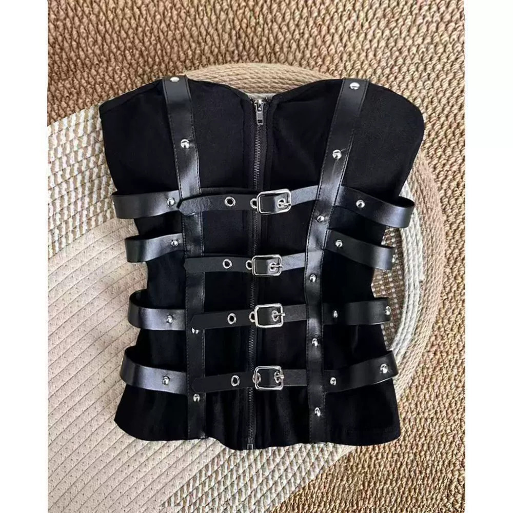 Zara Punk Strapless Corset Black Leather Buckle Metal Decor Edgy